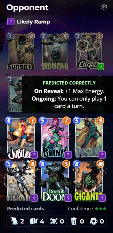 Opponent Deck Prediction in the Companion showing a Predicted correctly tooltip and green confirmation marks.